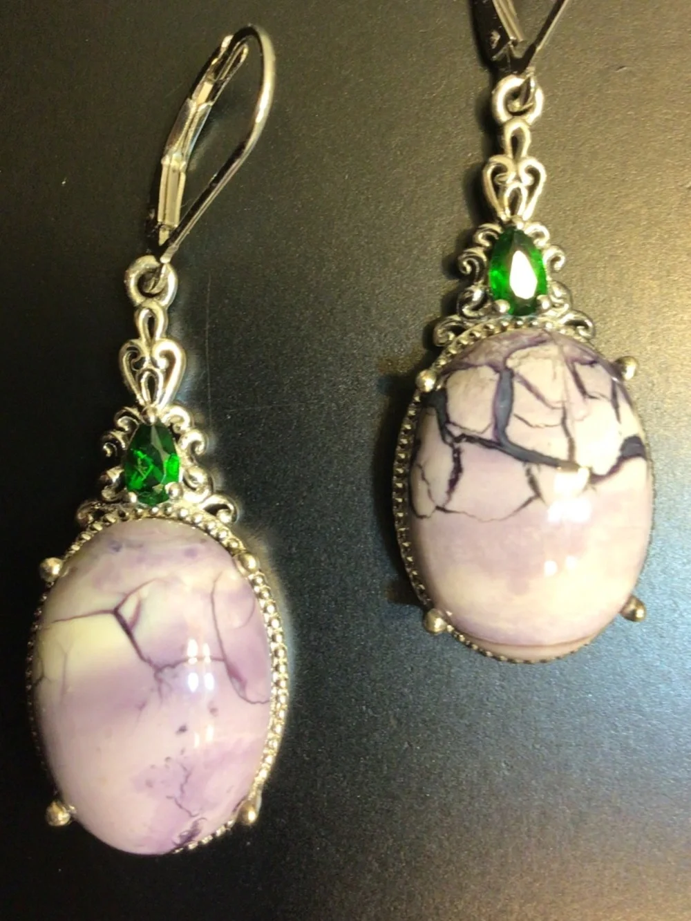 Sterling Silver 925 Ornate Dangle Earrings Oval Pink/Lavender Dendritic Opal?